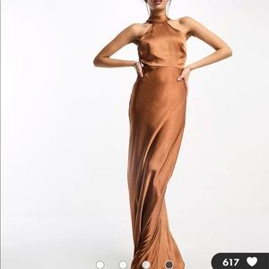 Six Stories Bridesmaids halter neck satin maxi dress in rust